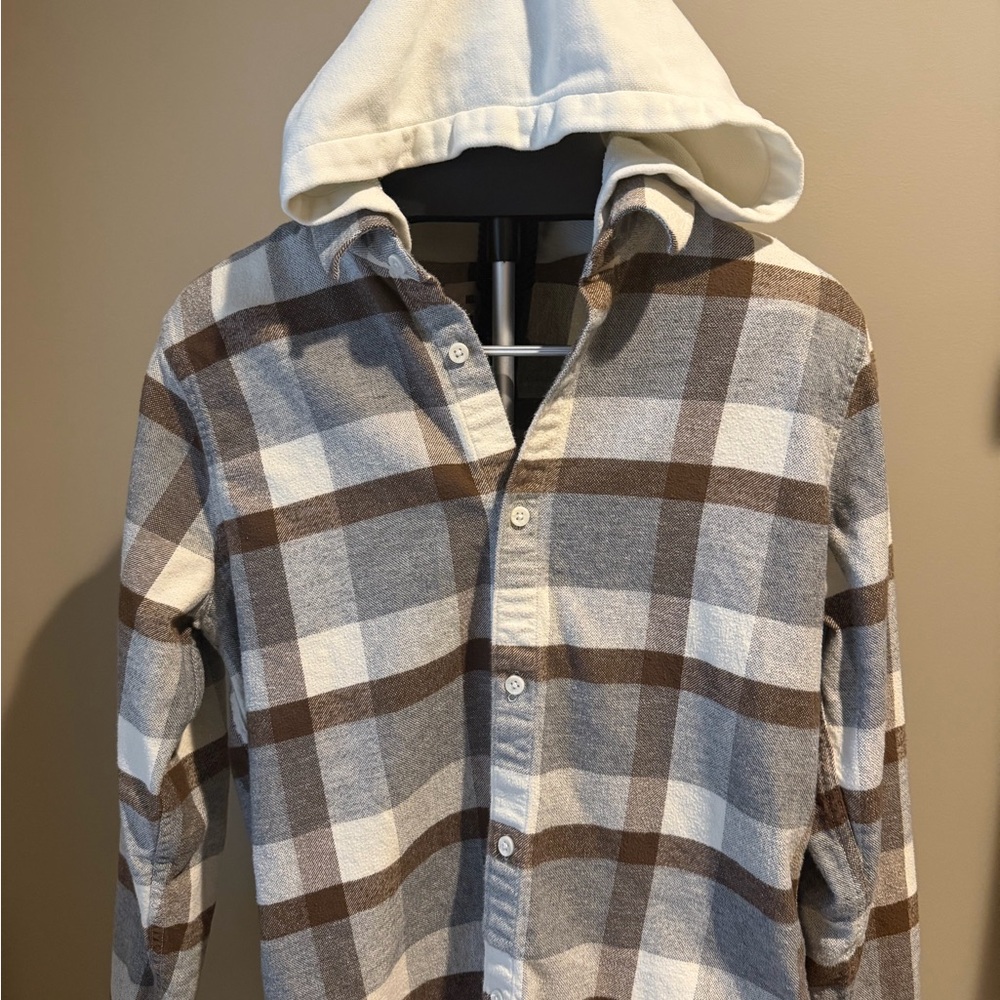 Hollister Men's Cream, Brown & Gray Plaid Hooded Button-Up Shirt - Picture 2 of 5